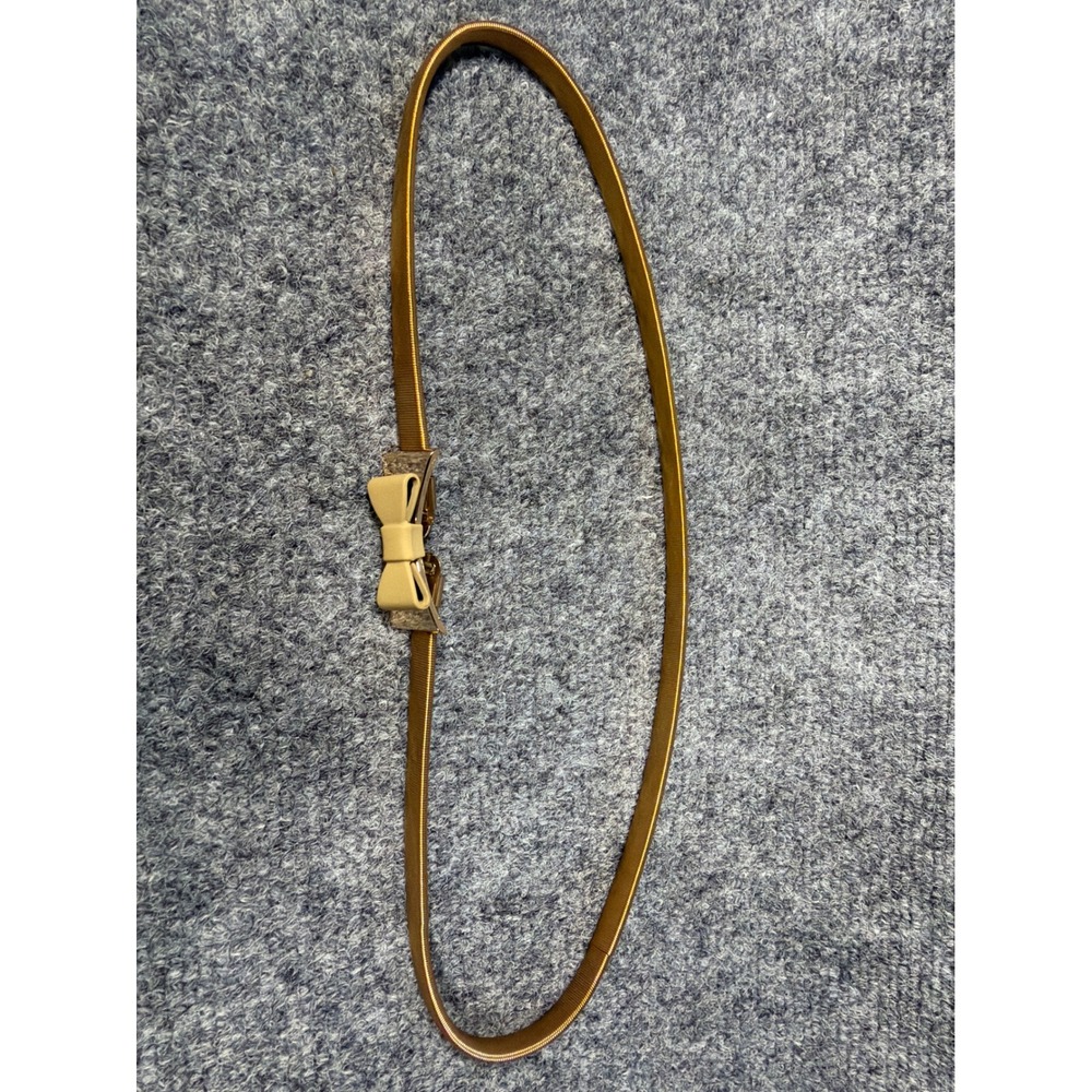 Vintage‎ Gold Tone Metal Stretchy Snake Chain Skinny Belt with Beige Bow Buckle